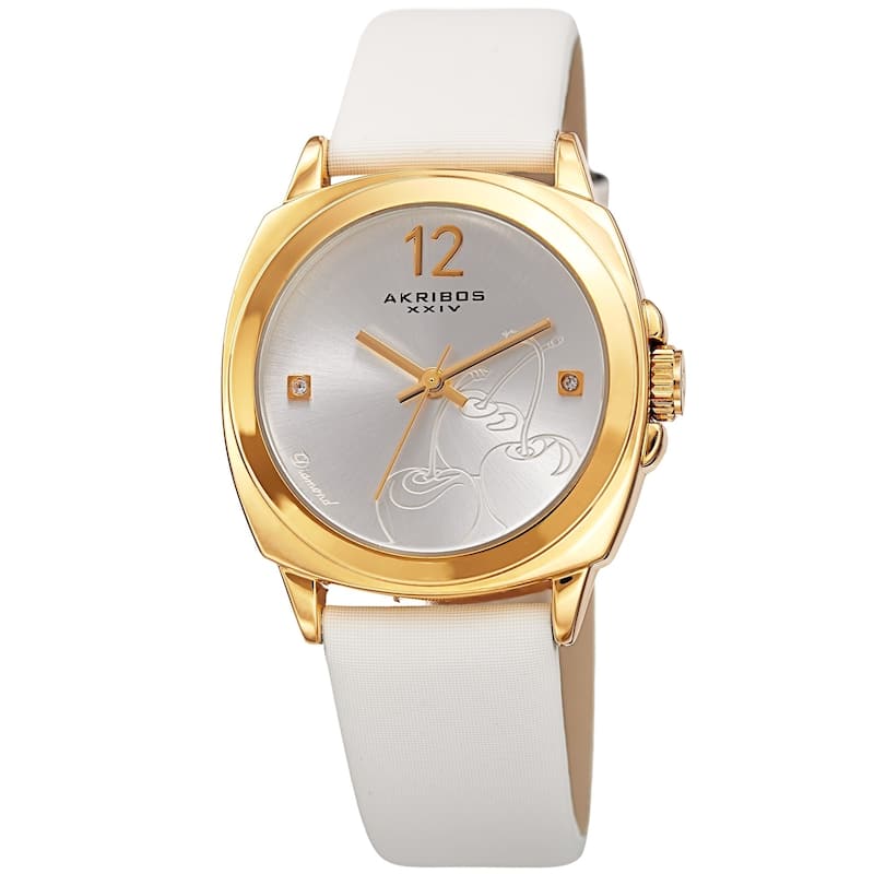 Akribos XXIV Women's Quartz Diamond Cherry Leather Strap Watch - White