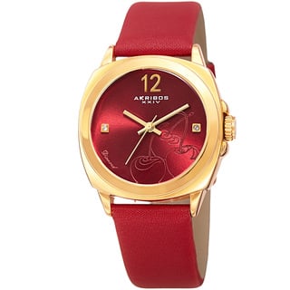 Akribos XXIV Women's Quartz Diamond Cherry Leather Strap Watch