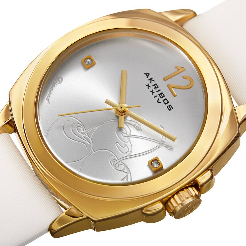 Akribos XXIV Women's Quartz Diamond White Leather Strap Watch