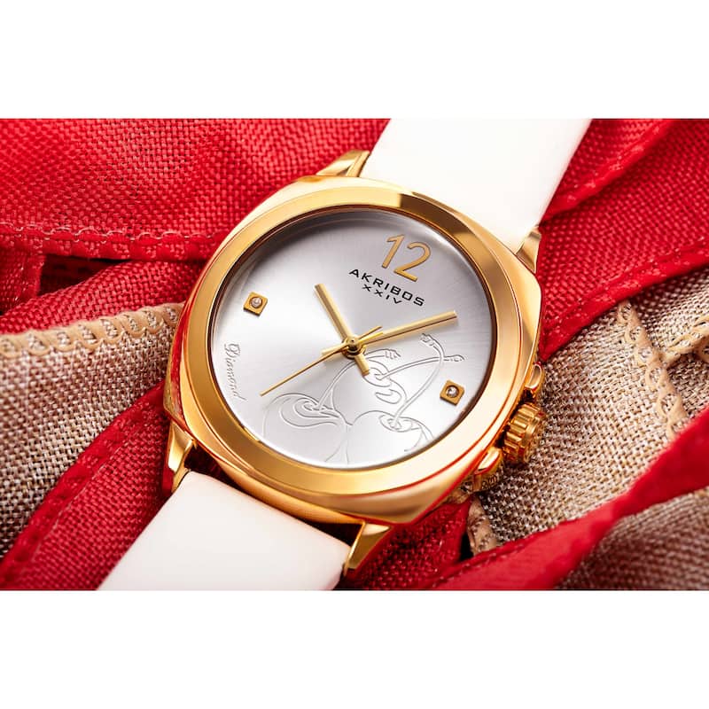 Akribos XXIV Women's Quartz Diamond White Leather Strap Watch