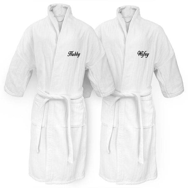 Hubby and Wifey Embroidered White Railroad Robe