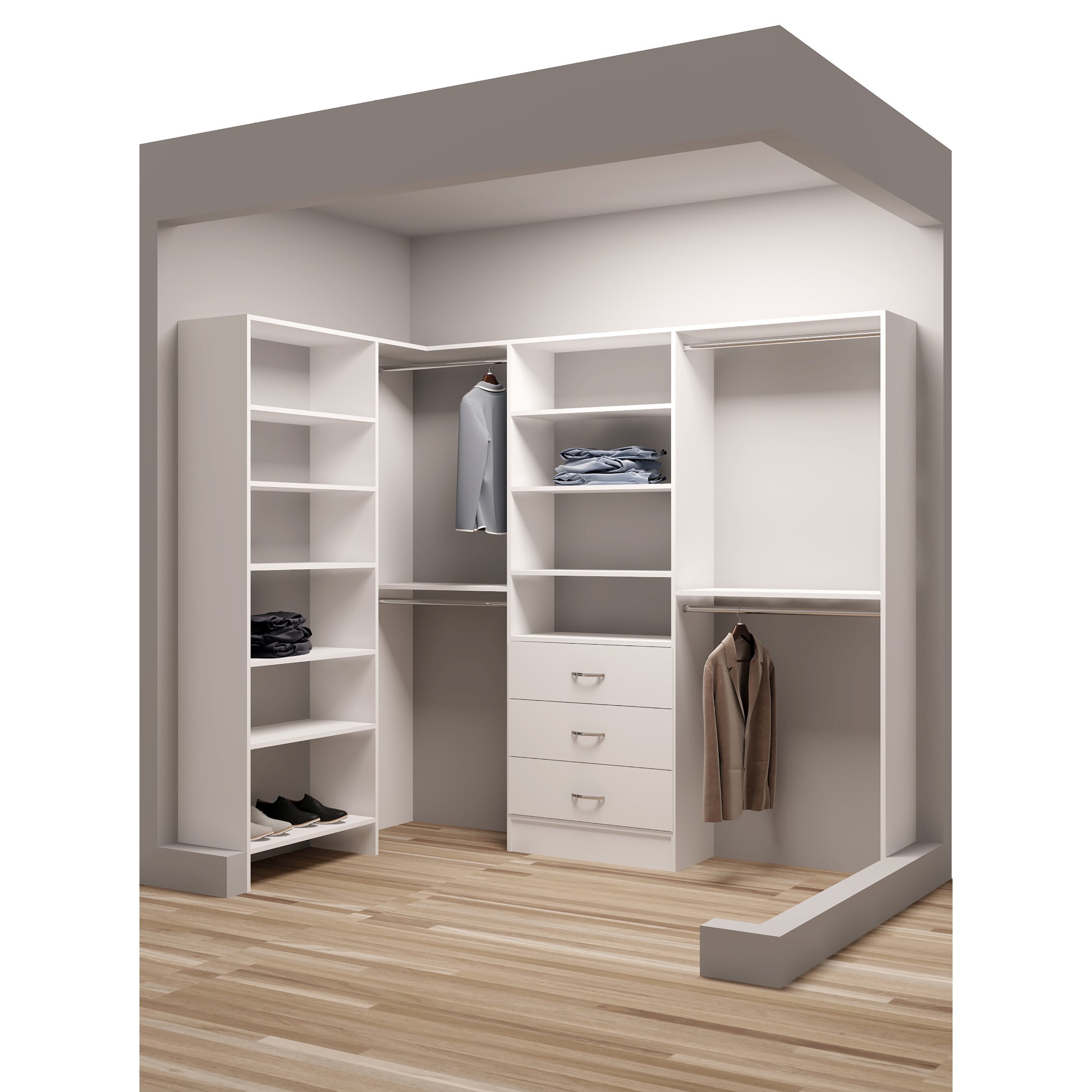 TidySquares White Wood 93 x 102.25 Corner Walk-in Closet System - Bed Bath  & Beyond - 13223475