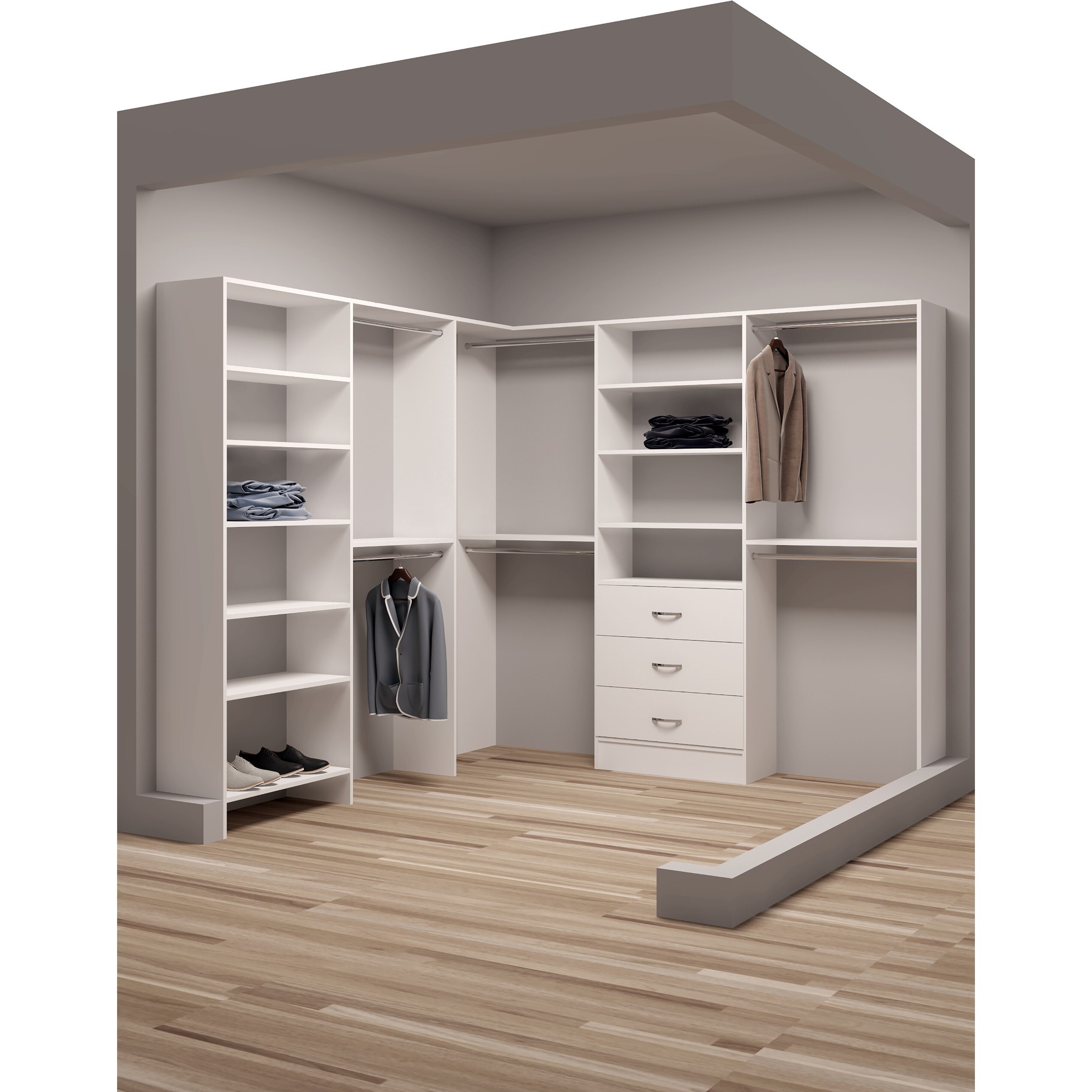 TidySquares White Wood 93 x 102.25 Corner Walk-in Closet System - Bed Bath  & Beyond - 13223475