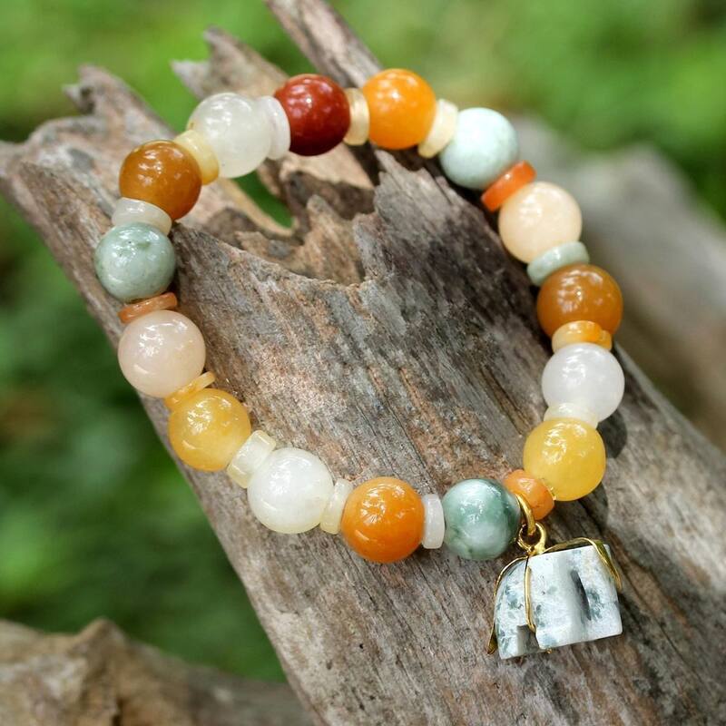 Handmade Sterling Silver Elephant Charm Jade Quartz Bracelet (Thailand)