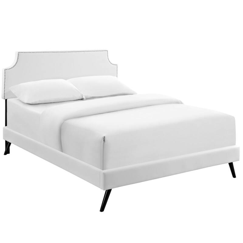 Laura White Vinyl Platform Bed with Round Splayed Legs