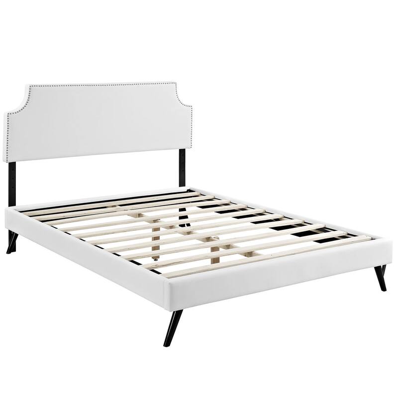 Laura White Vinyl Platform Bed with Round Splayed Legs