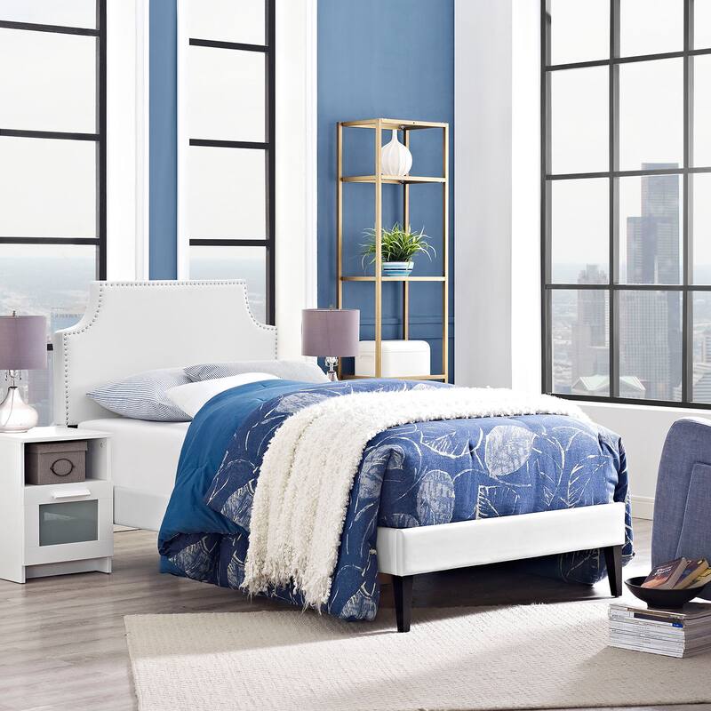 Laura White Vinyl Platform Bed with Squared Tapered Legs