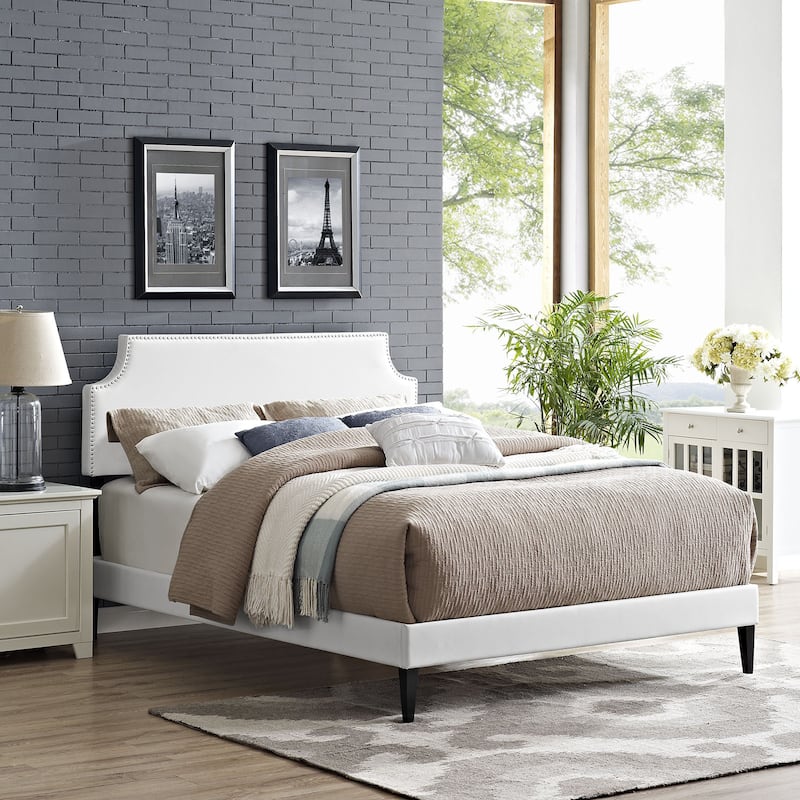 Laura White Vinyl Platform Bed with Squared Tapered Legs