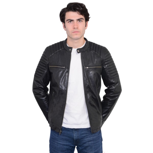 Men's Leather Snap-collar Jacket with Quilted Shoulders