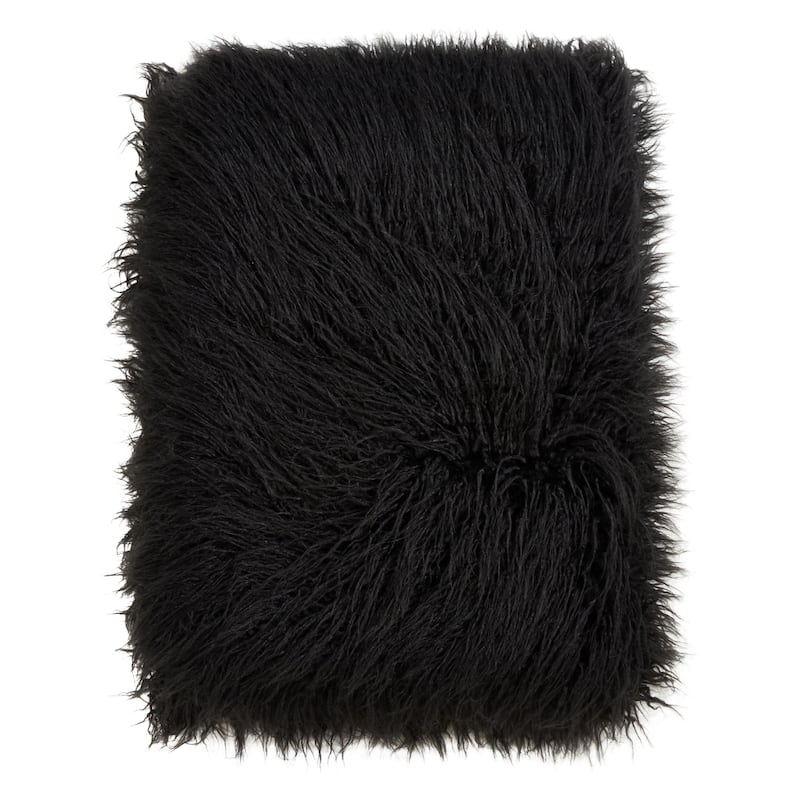 Throw Blanket with Faux Mongolian Fur Design - Black