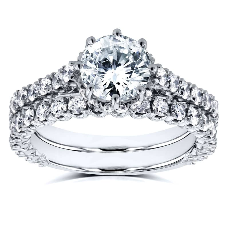 Kobelli 2.1 Carats Natural Diamonds 14k Solid White Gold 8-Prong Center Barrel Halo 2pc Bridal Set