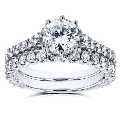 Kobelli 2.1 Carats Natural Diamonds 14k Solid White Gold 8-Prong Center Barrel Halo 2pc Bridal Set