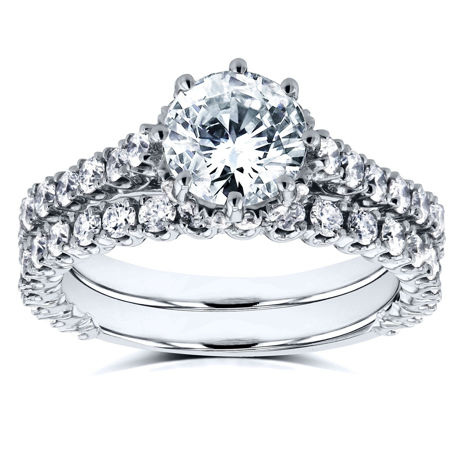 Kobelli 2.1 Carats Natural Diamonds 14k Solid White Gold 8-Prong Center Barrel Halo 2pc Bridal Set