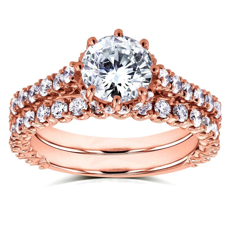 Annello by Kobelli 14k Rose Gold 2 1/10ct TDW Round Brilliant Diamond 8-Prong Center Standing Halo Bridal Set (H-I, I1-I2)