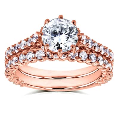 Annello by Kobelli 14k Rose Gold 2 1/10ct TDW Round Brilliant Diamond 8-Prong Center Standing Halo Bridal Set (H-I, I1-I2)