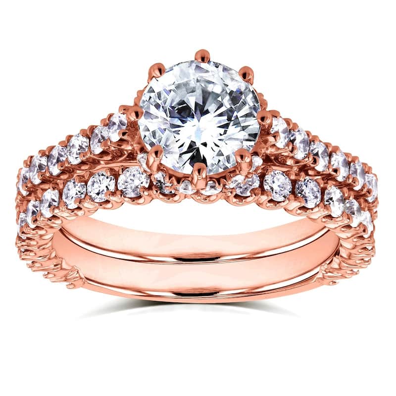 Annello by Kobelli 14k Rose Gold 2 1/10ct TDW Round Brilliant Diamond 8-Prong Center Standing Halo Bridal Set (H-I, I1-I2)