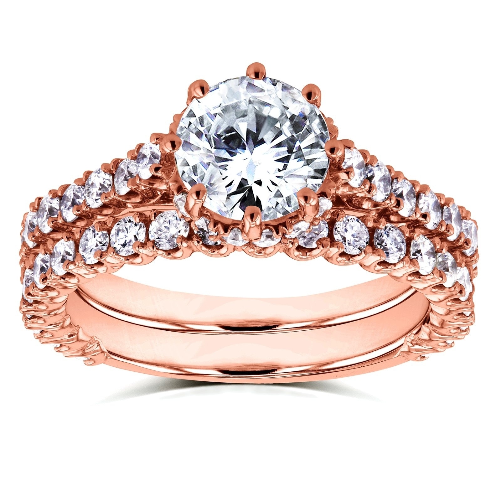 Kobelli 2.10 Carats Natural Diamond Solid 14k Rose Gold 8-Prong Low Setting Hidden Halo Bridal Set