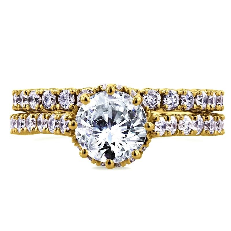 Annello by Kobelli 14k Yellow Gold 2 1/10ct TDW Round Brilliant Diamond 8-Prong Center Standing Halo Bridal Set (H-I, I1-I2)