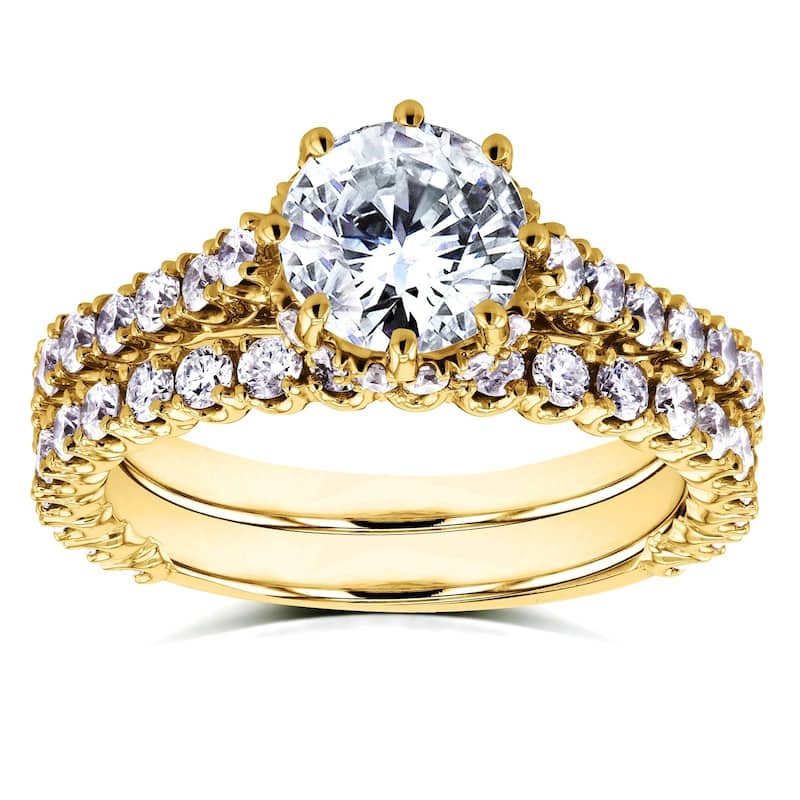 Annello by Kobelli 14k Yellow Gold 2 1/10ct TDW Round Brilliant Diamond 8-Prong Center Standing Halo Bridal Set (H-I, I1-I2)