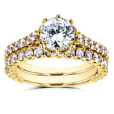 Annello by Kobelli 14k Yellow Gold 2 1/10ct TDW Round Brilliant Diamond 8-Prong Center Standing Halo Bridal Set (H-I, I1-I2)