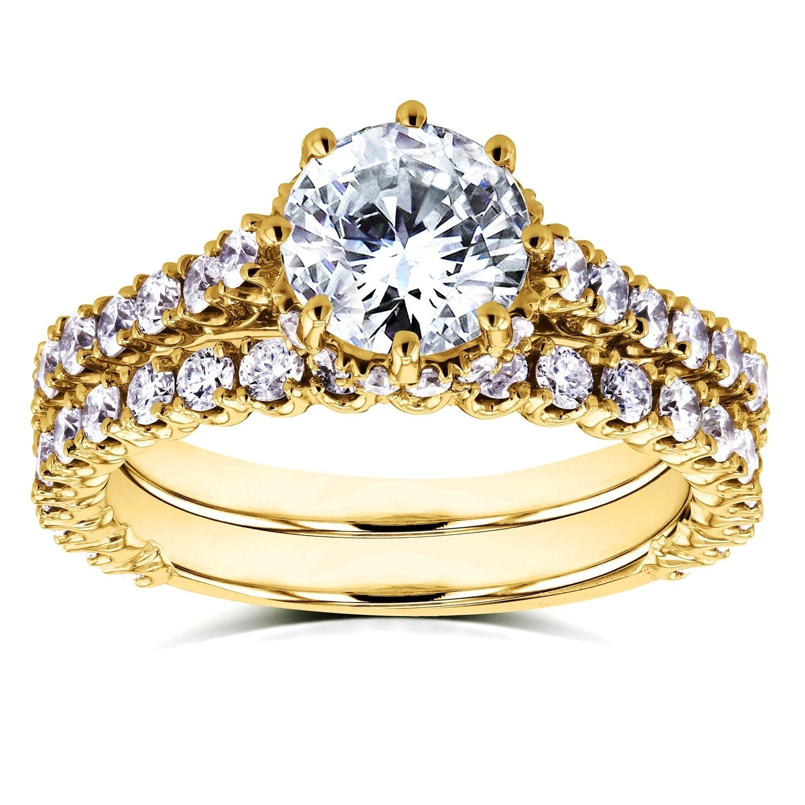Kobelli Solid 14k Gold 2 1/10ct TDW Round Natural Diamond 8-Prong Hidden Halo Scalloped Low Setting Bridal Set