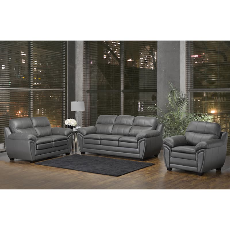 Marcus Premium Grey Top Grain Leather Sofa, Loveseat and Chair