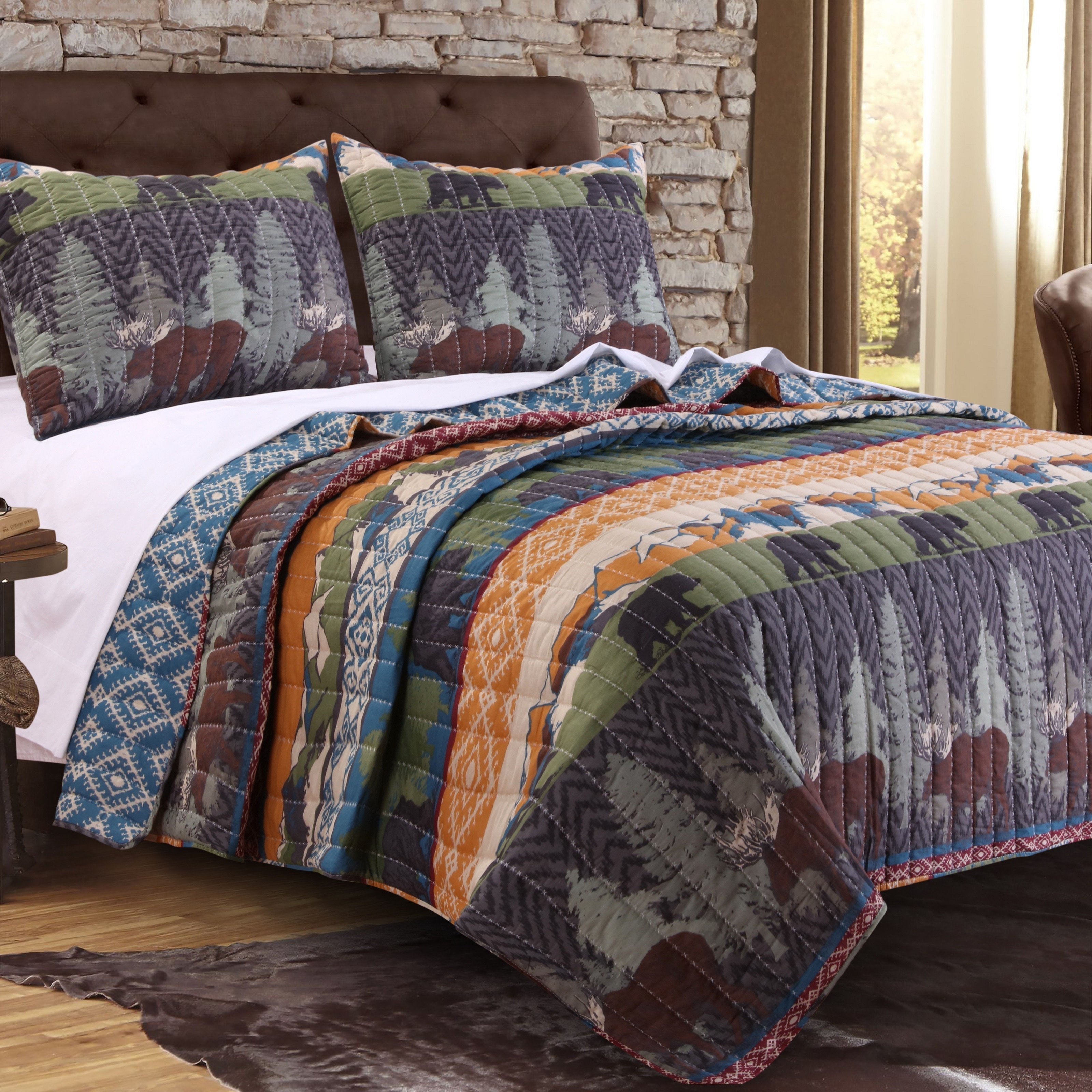 Machine Washable Lodge Quilt with Bear and Forest Pattern King Quilt Birch Bear by Donna Sharp
