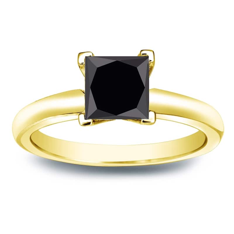 Auriya 14k Gold 1 1/4ctw Princess-cut Solitaire Black Diamond Engagement Ring - 4 - Yellow