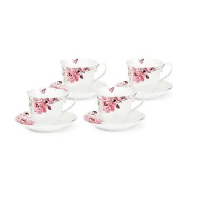 Pink Floral and Butterfly Tea/Coffee Set (Service for 4)