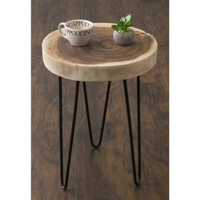 Natural Wood Cross Cut Side Table with Iron Hairpin Legs