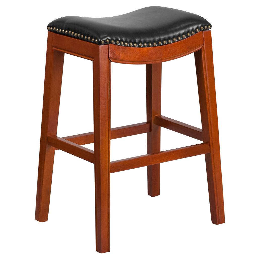 30" High Backless Light Cherry Wood Barstool with Black LeatherSoft Saddle Seat