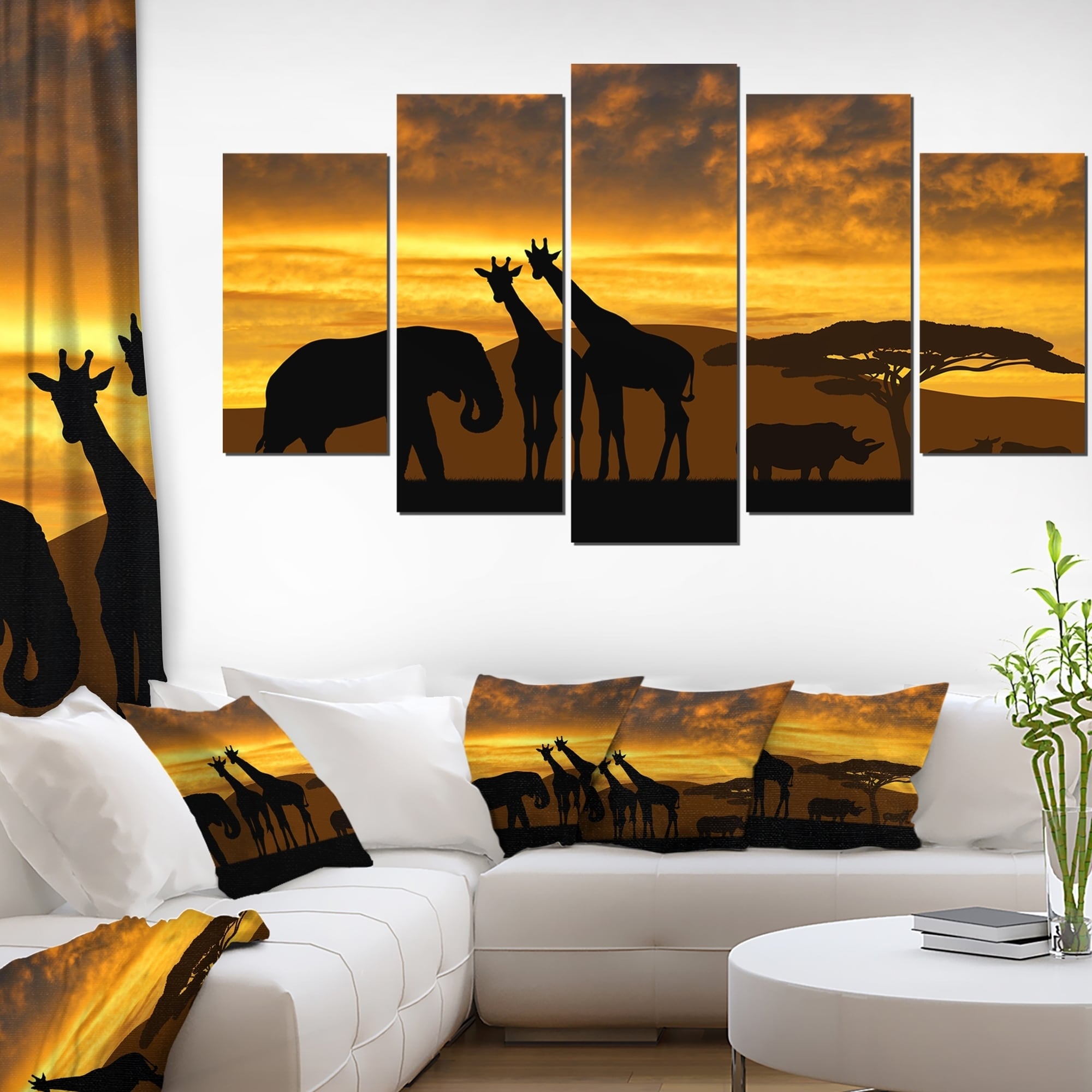 Animals Giraffe African Sunset TREBLE CANVAS WALL ART Picture Print VA 