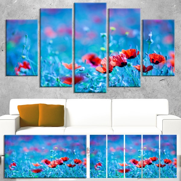 Designart 'Poppy Flowers Field At Night' Modern Floral Artwork on Canvas - Blue