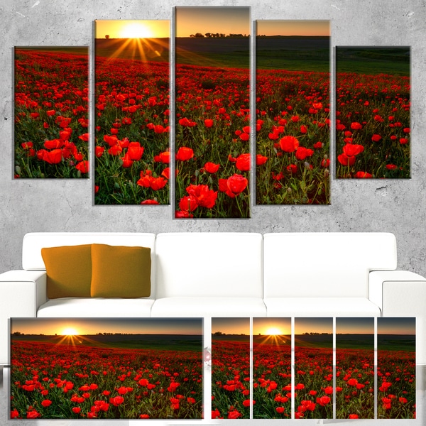 Designart 'Sunset over Garden with Red Poppies' Modern Floral Artwork on Canvas