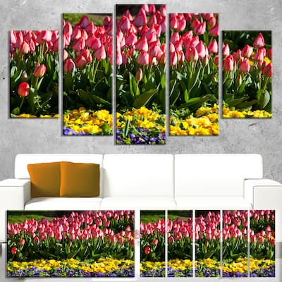 Designart "Red Tulips with Yellow Purple Flowers" Large Flower Wall Artwork