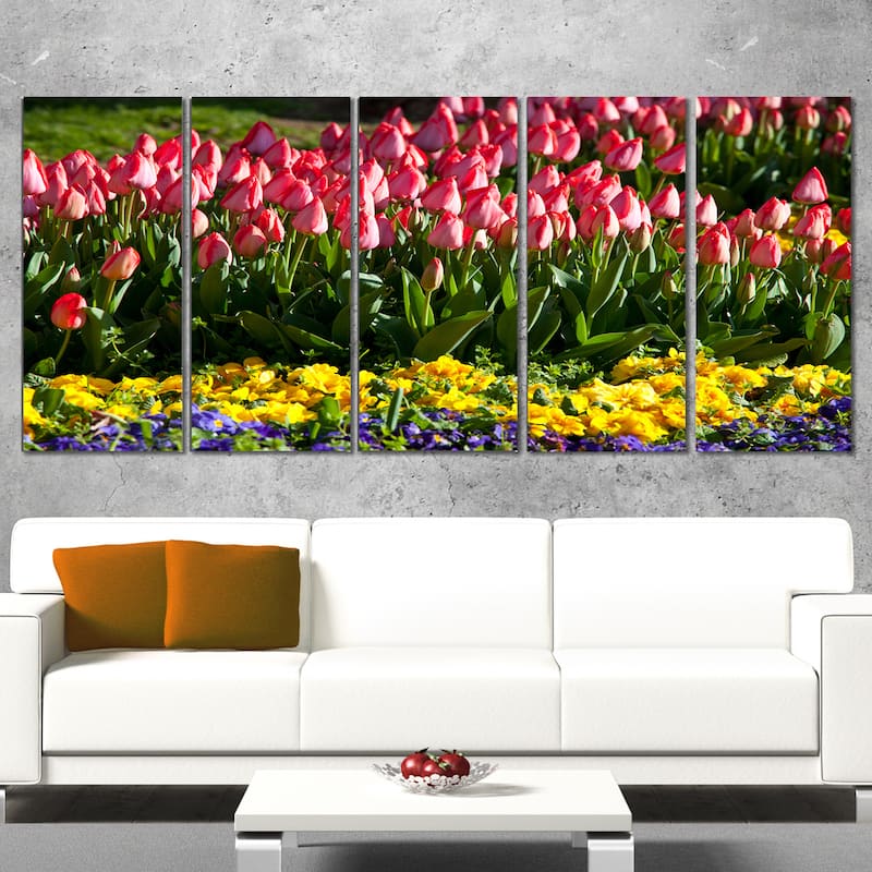 Designart "Red Tulips with Yellow Purple Flowers" Large Flower Wall Artwork