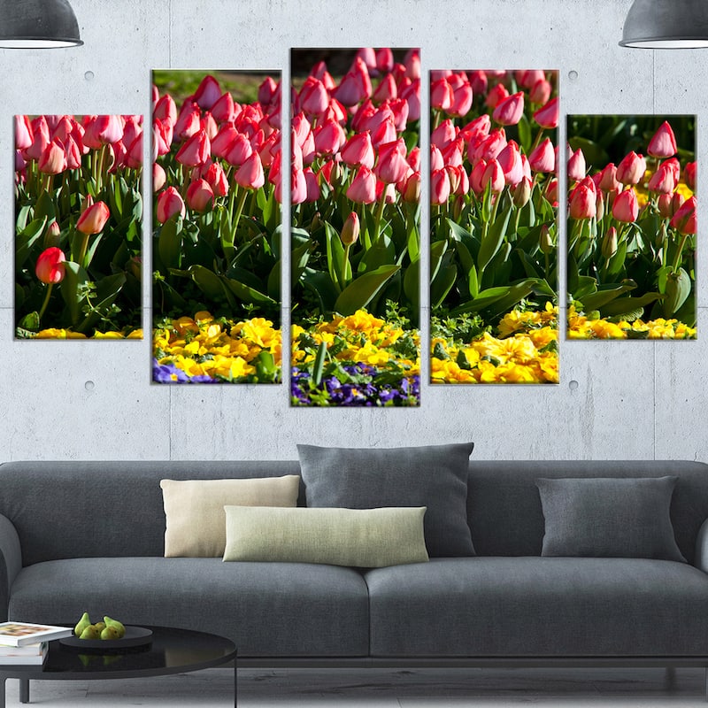 Designart "Red Tulips with Yellow Purple Flowers" Large Flower Wall Artwork