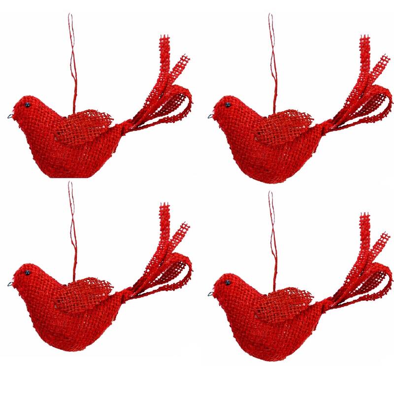 Christmas Red Burlap 7-inch Hanging Bird (Pack of 4) - GPL3236-RED-4