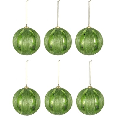 5-inch Ribbed Metal Christmas Green Ornament Ball (Pack of 6)