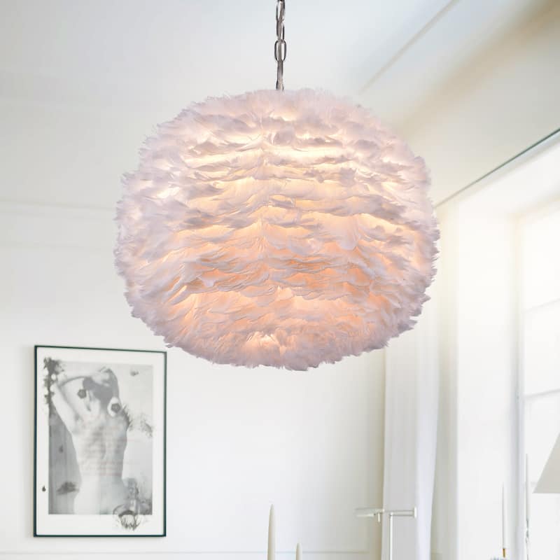 Life White Feather and Chrome 18-inch Pendant Lamp