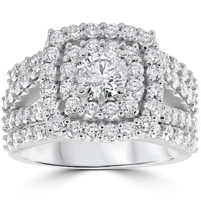 10k White Gold 3ct TDW Diamond Double Halo Trio Bridal Ring Set - White I-J - White I-J