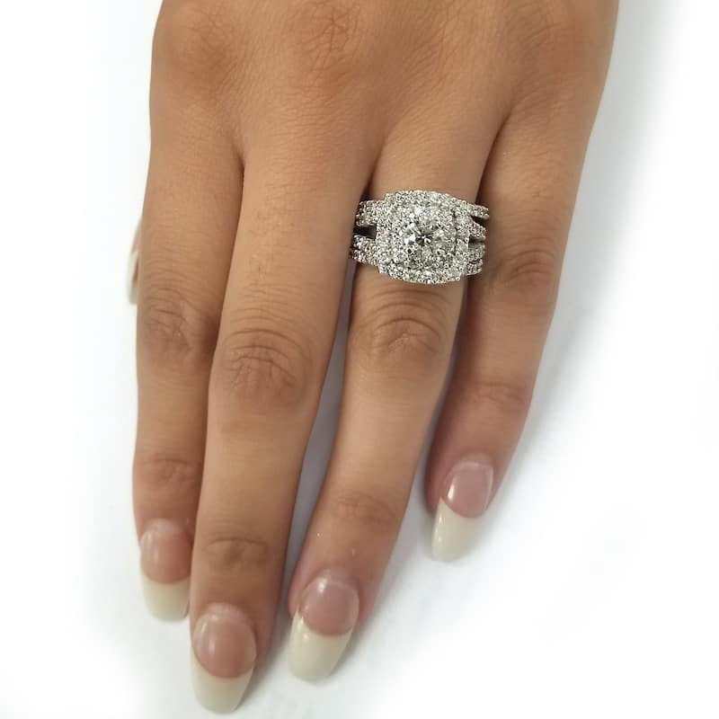 10k White Gold 3ct TDW Diamond Double Halo Trio Bridal Ring Set - White I-J - White I-J