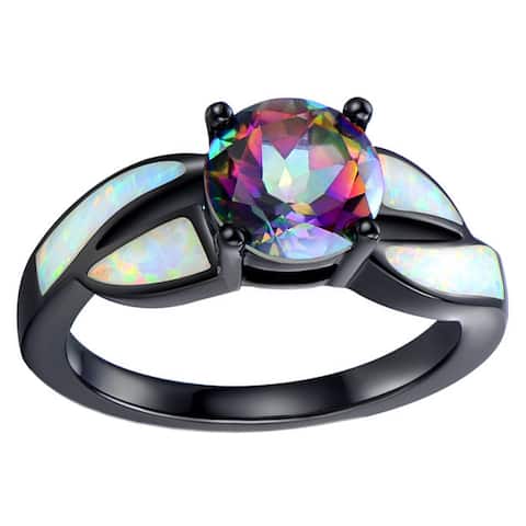 Black Rhodium-plated White Opal and Mystic Topaz Ring - Pink