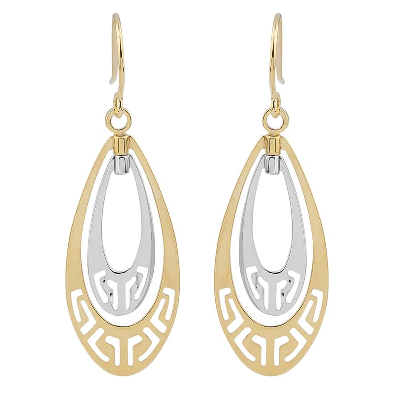Fremada 14k Two-tone Gold Greek Key Teardrop Dangle Earrings