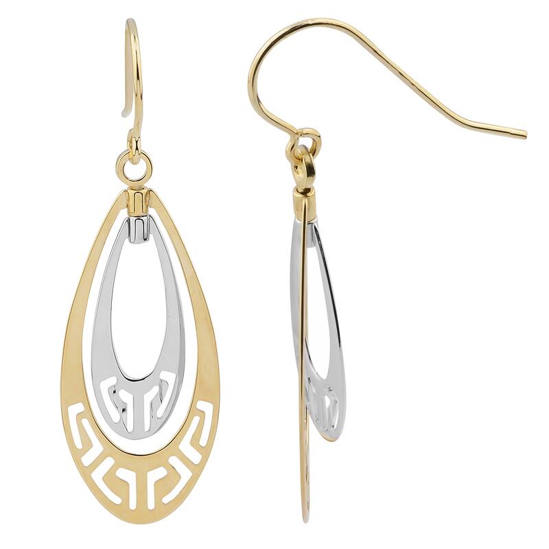 Fremada 14k Two-tone Gold Greek Key Teardrop Dangle Earrings