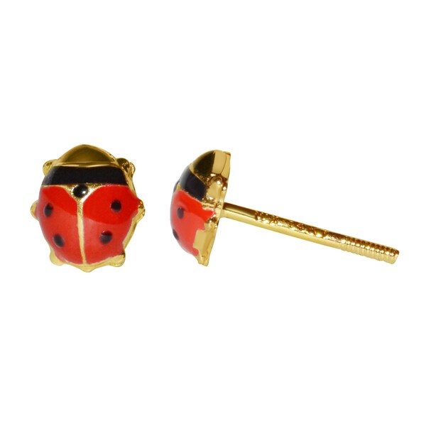 14K Solid Yellow Gold Red Enamel Small Ladybug Screw Back Stud Kids Earrings 3mm