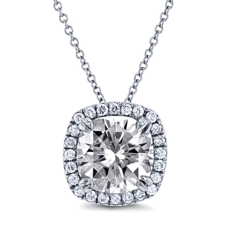 Annello by Kobelli 14k White Gold 8.5mm Cushion Moissanite and 1/5ct Diamond Halo Necklace (GH/VS, GH/I)