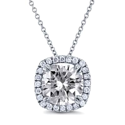 Annello by Kobelli 14k White Gold 8.5mm Cushion Moissanite and 1/5ct Diamond Halo Necklace (GH/VS, GH/I)