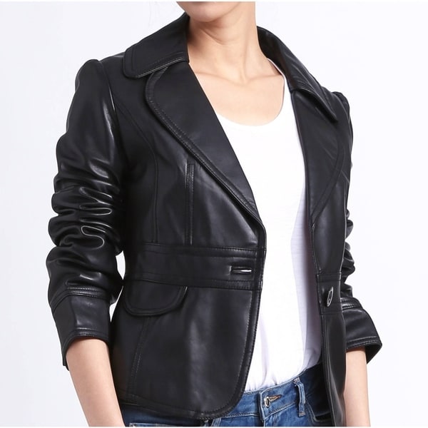 Women's Black Leather Blazer Jacket