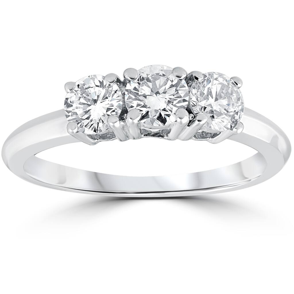 14k White Gold 1 Carat 3-Stone Diamond Engagement Ring Solitaire Round Cut